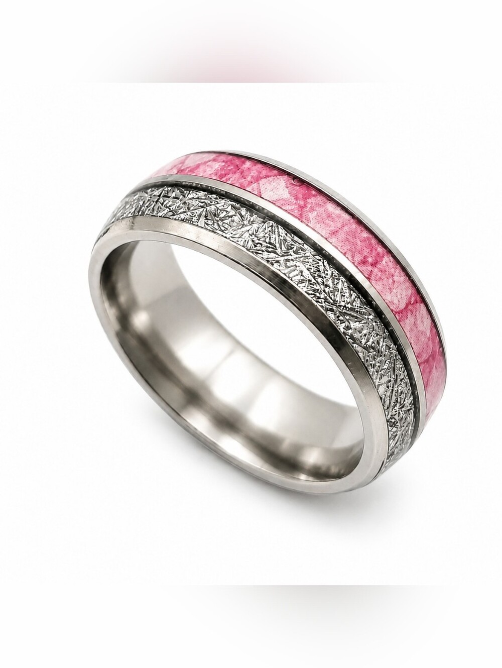 Stainless Steel Pink Inlay Women's Ring - Picture 2 of 4
